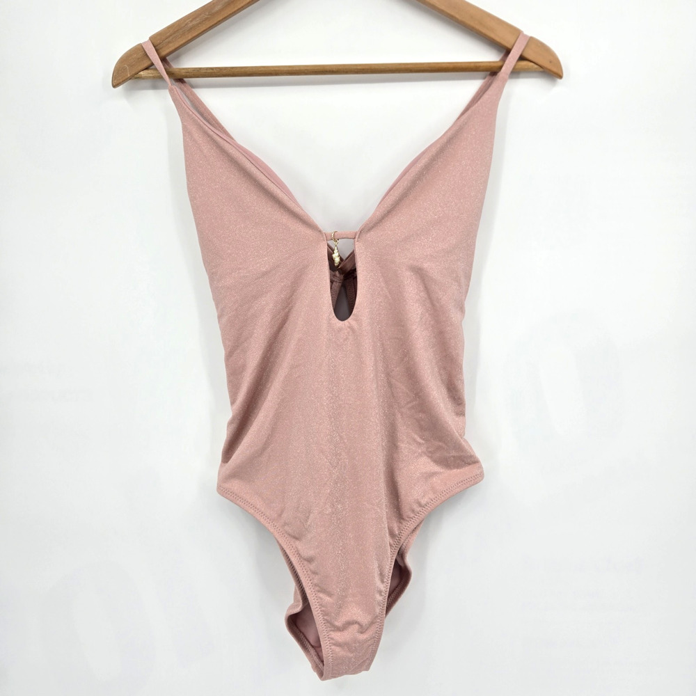 NWT Pink Sparkle Shade & Shore Swimsuit High Leg Cheeky Gold Charm Size M (8-10)